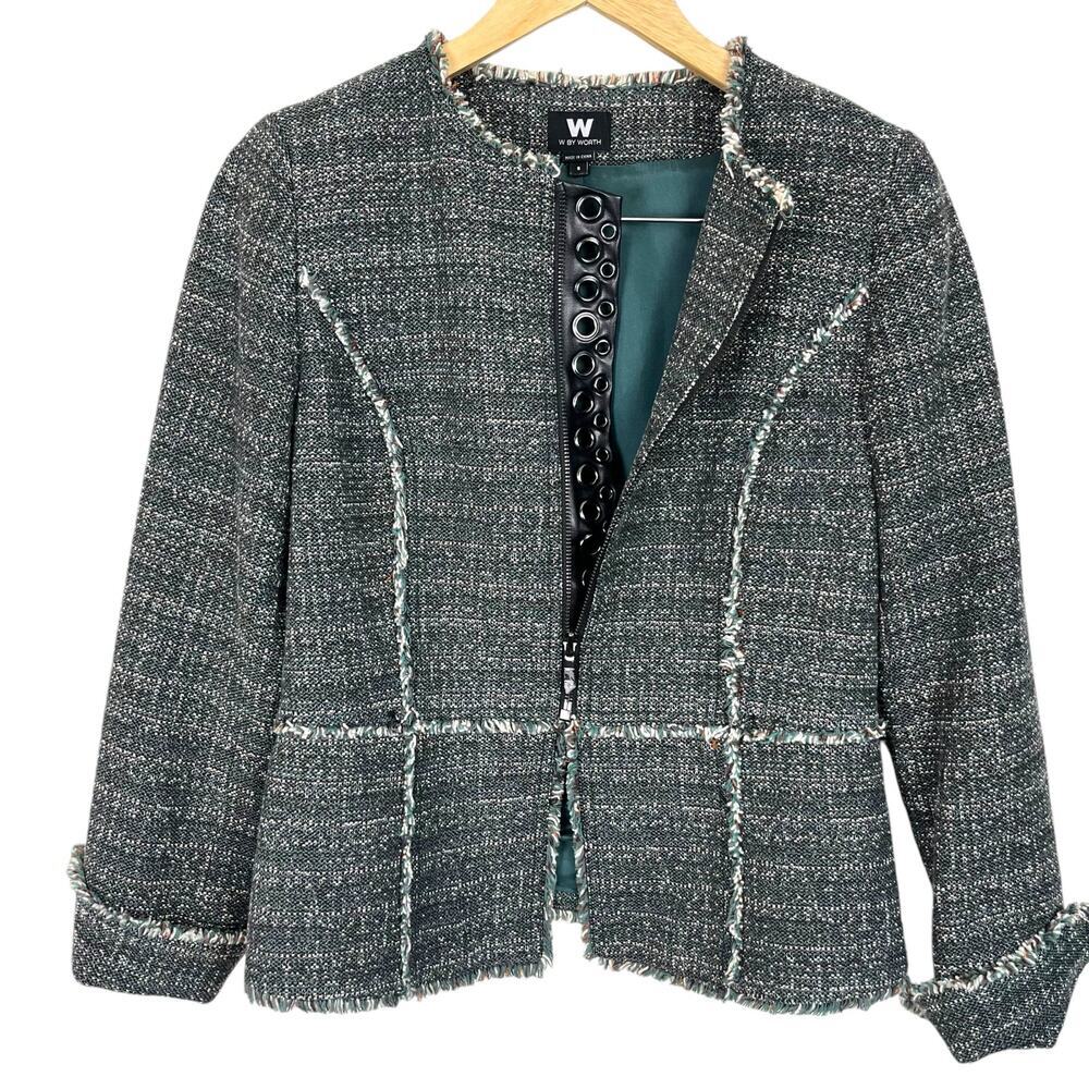 W by Worth Women's Green Tweed Blazer Sz 6 Leather Inset Zipper Fringe